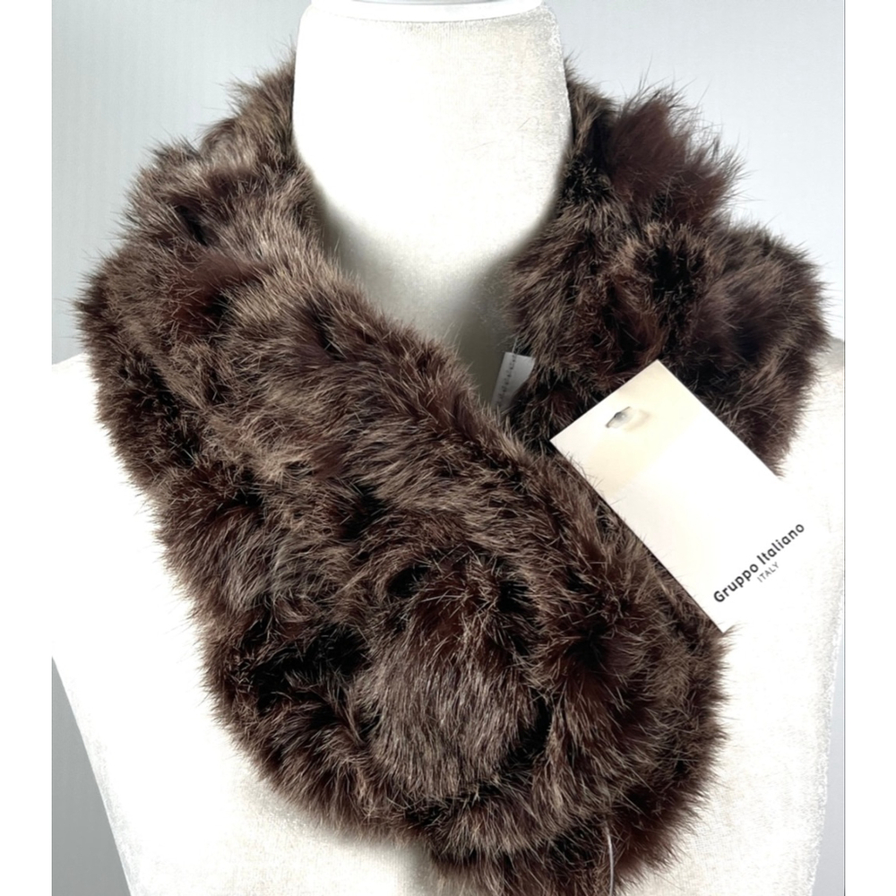 NWT Gruppo Italiano Womans Scarf Brown White Rabbit Fur Scarf One Size Italy